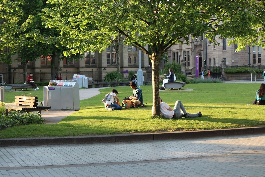 People sitting on a lawn in Manchester