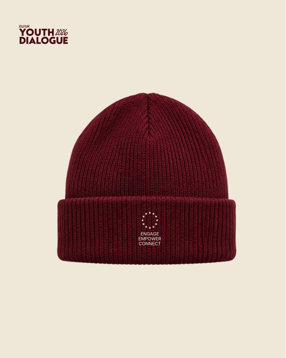 Burgundy beanie embroidered with Engage, Empower, Connect