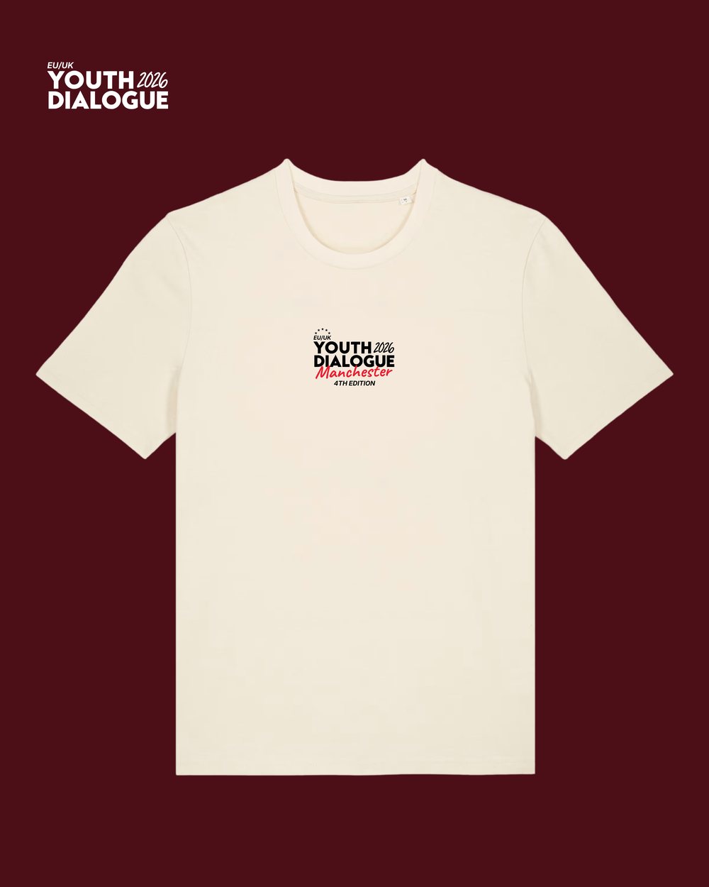Cream Youth Dialogue 2026 t-shirt with the Manchester wordmark on the chest